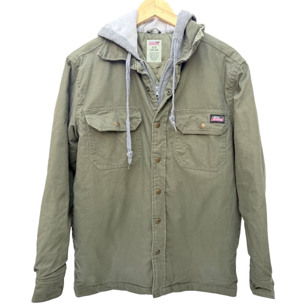 Dickies Mens Hooded Work Jacket Green Insulated Button Front